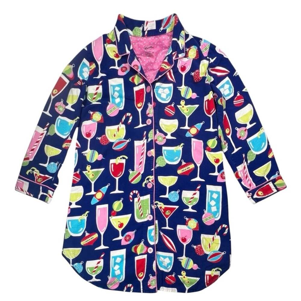 Nick & Nora Flannel Nightshirt Gown L Large Holiday Cocktails New Years Eve PJs